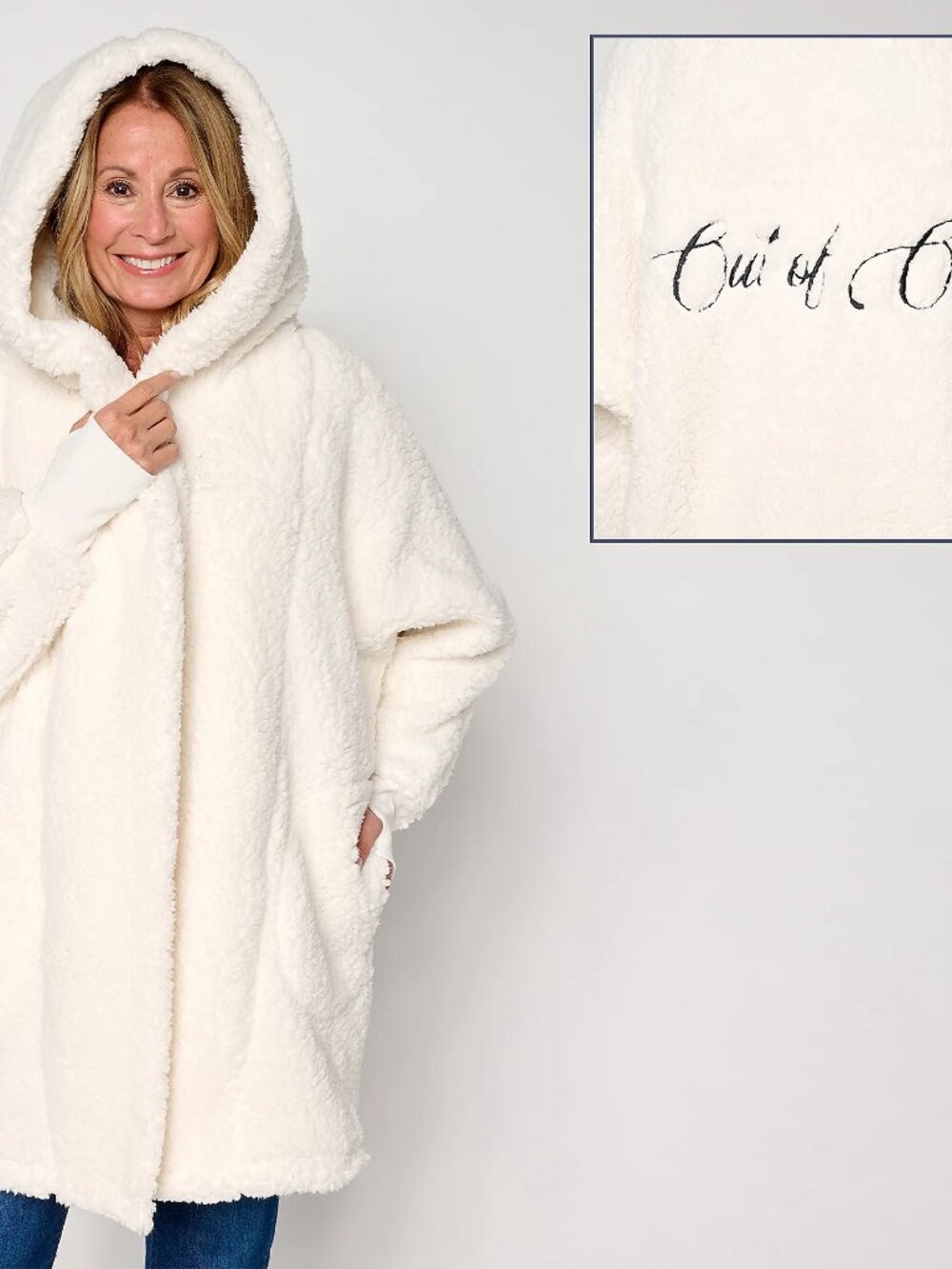Jill Martin Regular Sherpa Embroidered Hooded Lounger, Cream Sz XL/1X a72860